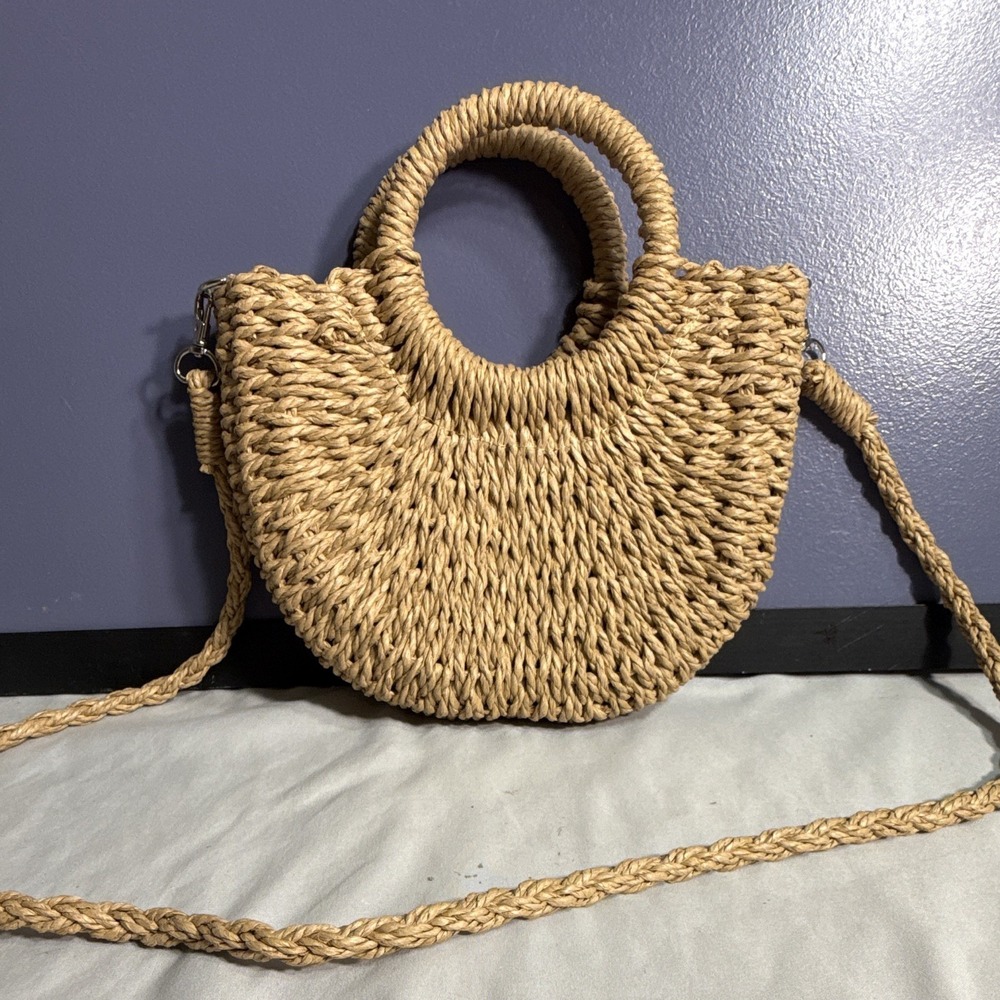 Small Tan Woven Half Moon Shoulder Bag Top Handle Detach Strap Lined Silver